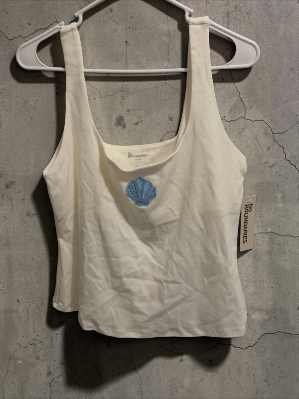 No Boundaries Cream Tank Top with Blue Shell Applique